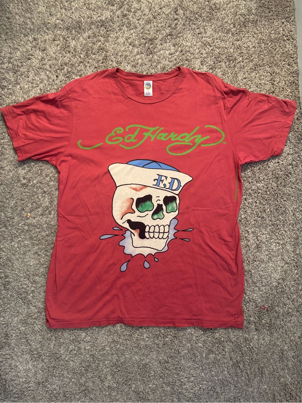 Christian Audigier Red Tee with Sailor Skull and Green Script